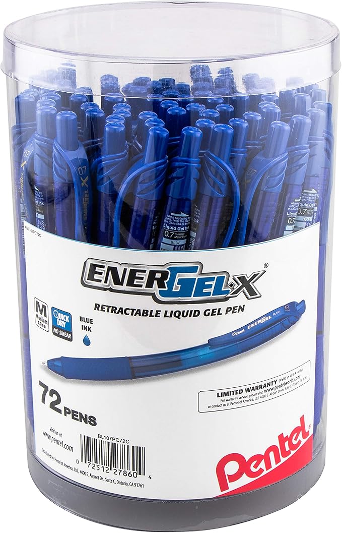 Pentel EnerGel-X Retractable Gel Pen, (0.7mm) Med. Line, Blue Ink, 72-PK Canister (BL107PC72C)