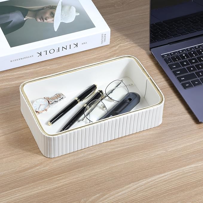 Desk Organizer Tray, PU Leather Valet Tray Nightstand Organizer Cologne Perfume Trays for Men Women, Decorative Vanity Trays Key Bowl Trinket Dish (Ivory, 9.5" x 6" x 2.2")