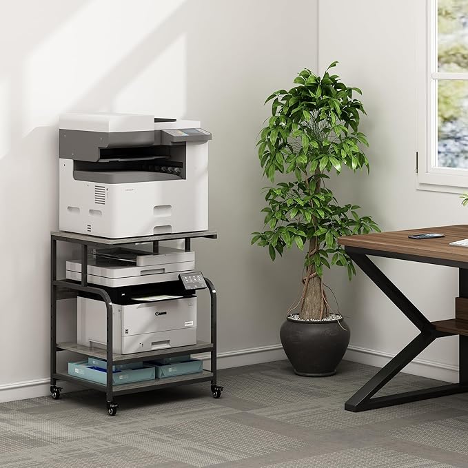 Large Printer Stand Table 23.6 x18.9 x 30 Inches with Height Adjustable Storage Shelf, 3 Tier Rolling Printer Cart with Wheels for Home Office, Gray