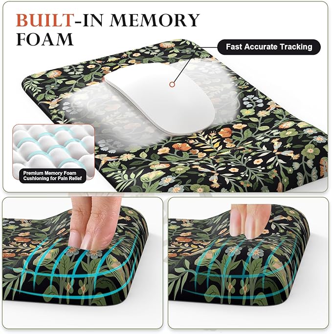 iCasso Mouse Pad with Wrist Rest,Large Desk Mat Set,Ergonomic Keyboard Pad with Wrist Support,Non-Slip Mouse Mat for Women,Cute Floral Computer Mat for Home Office Gaming (Black)