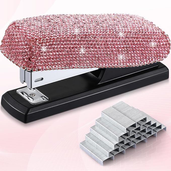 Yexiya Bling Crystal Stapler Gift Sparkly Diamond Stapler for Desk Handmade Clay Rhinestone Machine Pretty Office Stationery Kit Stylish Accessory for Women Lady Christmas(Pink)