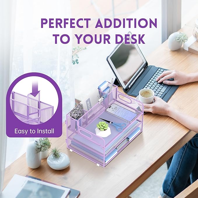 SUPEASY 3 Tier Desk Organizer with Handle & 3 Pen Holders, Mesh Paper/File Organizer for Desk, Paper Letter Tray Organizer for Office Supplies (Light Purple)