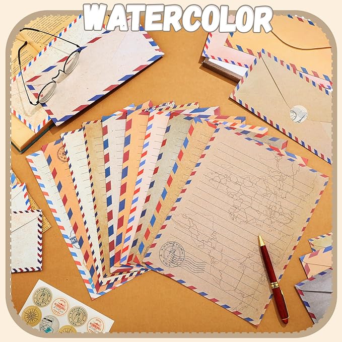 TaoBary 160 Pcs Stationery Paper Set 50 Double Sided Stationery Papers with 50 Matching Envelopes and 60 Round Dot Sticker, 10 Design(Vintage Travel,8.5 x 11 Inch)