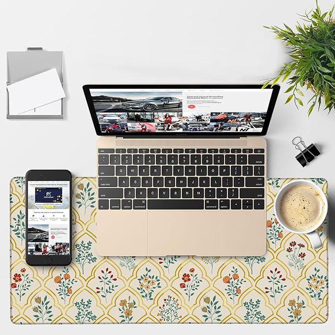 Large Mouse Pad Decorative Floral Gaming Desk Pad Computer Keyboard Non-Slip Waterproof Mouse Mat with Rubber Base and Stitched Edges Entertainment Office Writing Desk Mat 35.4 x 15.7 Inches