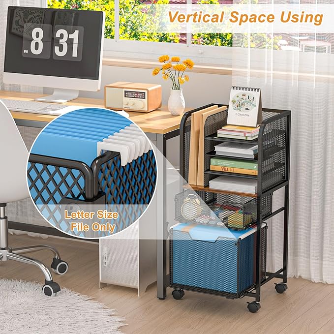 6-Tier Rolling File Cart with 2 Drawers, File Cabinet Organizer for Hanging File Folders, Letter-Size File Storage with Wheels, Multi-Layer Mobile Filing Cabinet for Office and Home
