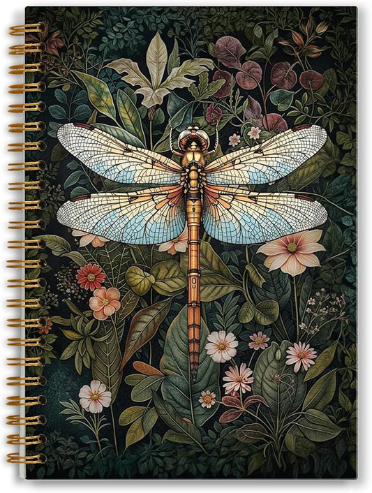 Vintage Floral Dragonfly Notebook, Dark Green Botanical Dragonfly Journal, Cottagecore Flower Plant Journal, Rustic Mosquito Hawk Spiral Notebooks 5.5x8.3 Inch