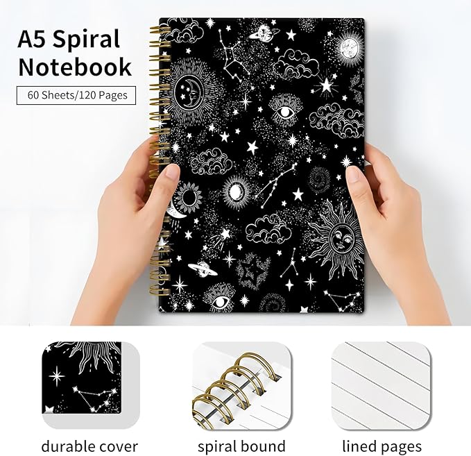Spiral Journal Notebook, Hardcover Lined Journal for Women, Medium 6 x 8.4 in, 120 Pages Thick Paper, College Ruled Notebook for Writing, Work, Office, and School,Space Galaxy