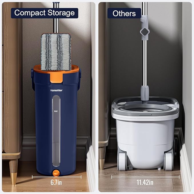 HoMettler Mop and Bucket Set with Wringer, 3-Tank Flat Mop and Bucket System, Wall Mop Cleaner with Long Handle, Hands Free Mops for Floor Cleaning with 8 Microfiber Pads
