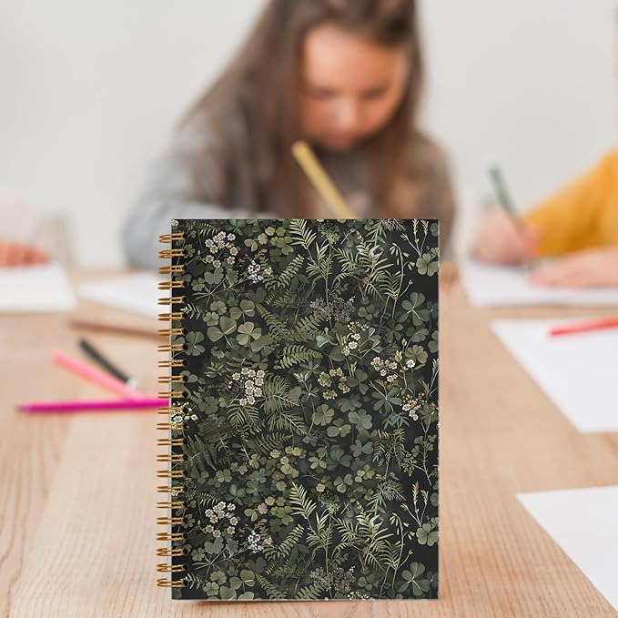 Dark Green Botanical Notebook, Cottagecore Wildflower Plant Journal, Vintage Fern Herb Leaf Floral Journal for Writing, Rustic Spiral Notebook 5.5x8.3 Inch