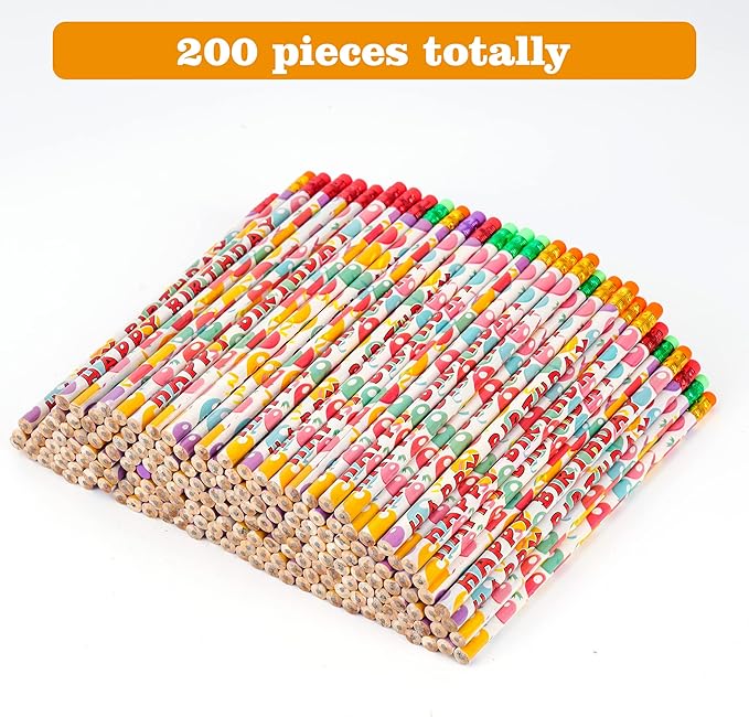 Kolewo4ever 200Pcs Happy Birthday Pencils - Bright Wooden Pencils with Top Erasers for Kids & Adults - Party Favors & School Supplies