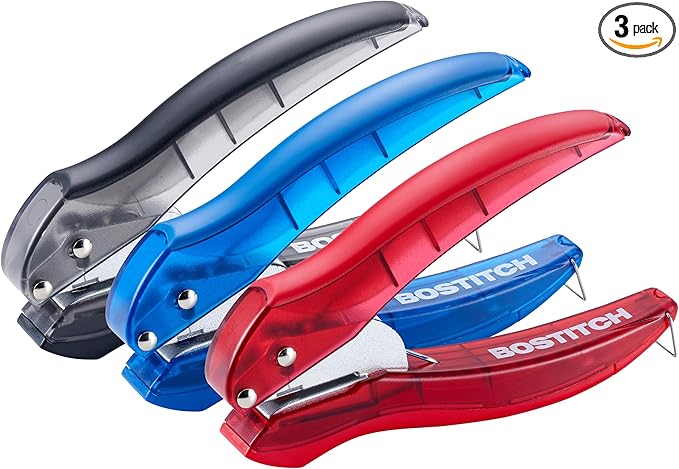 Bostitch EZ Squeeze Hole Punch - 3-Pack, Single Hole Punch 10 Sheet Capacity, Ideal for Kids and Adults, Black, Red and Blue