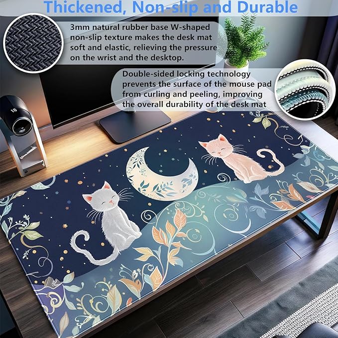 XL Desk Mat Large Gaming Mousepad with Cute Cat & Moon Design, Boho Plants & Nature Pattern, Non-Slip, Stitched Edges, for Keyboard and Mouse, 31.5 x 15.7 in