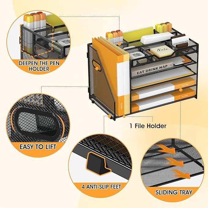 5 Tier Paper Letter Tray with File Holder and 3 Drop-in Pen Holders, Mesh Desk File Organizer with Handle, Desk Organizers and Accessories for School,Home, Office Supplies Storage-Black