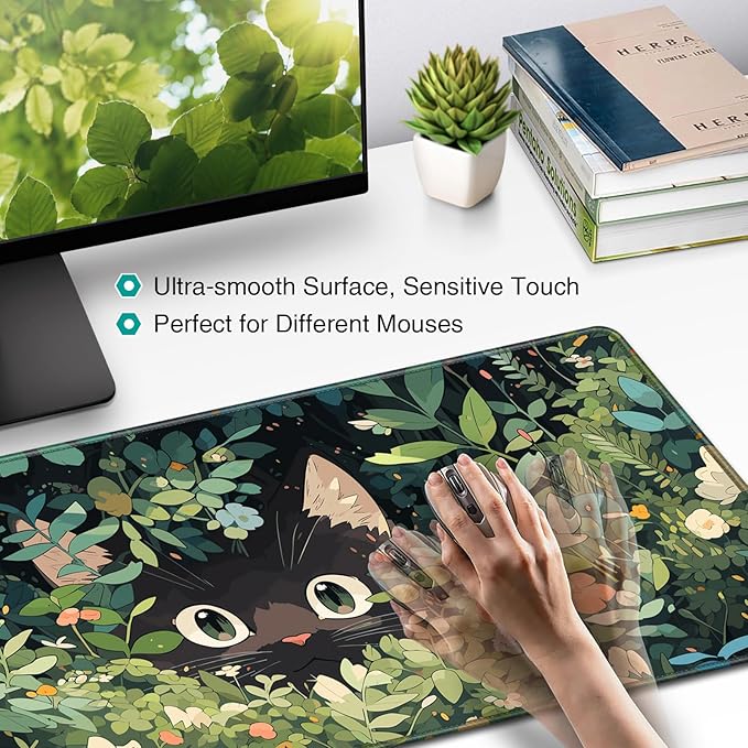 Anime Cat Mouse Pad Green Desk Mat, Kawaii XXL Large Mouse Pad Keyboard with Stitched Edges Non-Slip, 35.4×15.7in Mousepad Mat for Desktop Computer Laptop Office Women Decor Game Funny