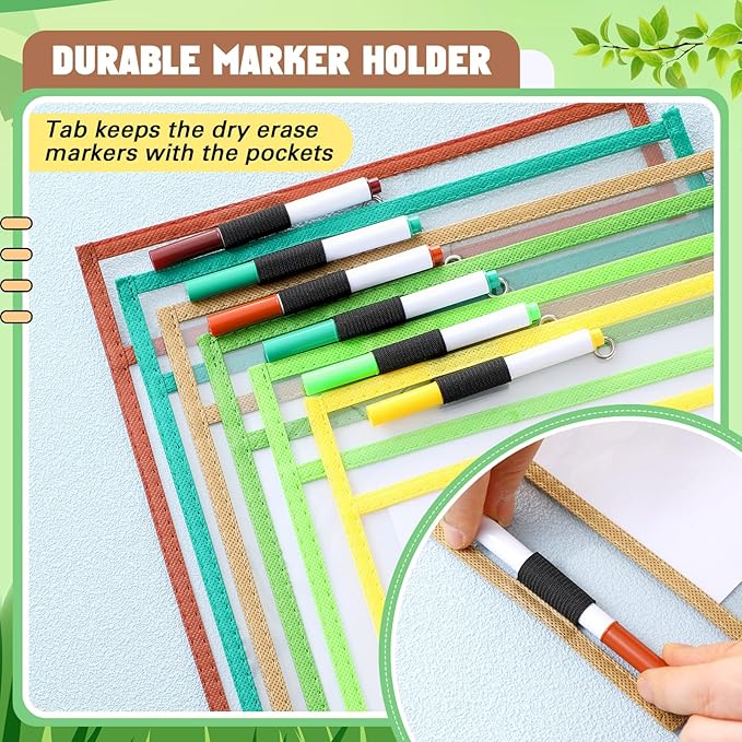 24 Pack Dry Erase Pocket Reusable Sleeves 10" x 14" Clear Plastic Sheet Protectors with Dry Erase Markers and Mini Sleeves Paper Teacher Supplies(Rainforest Green)