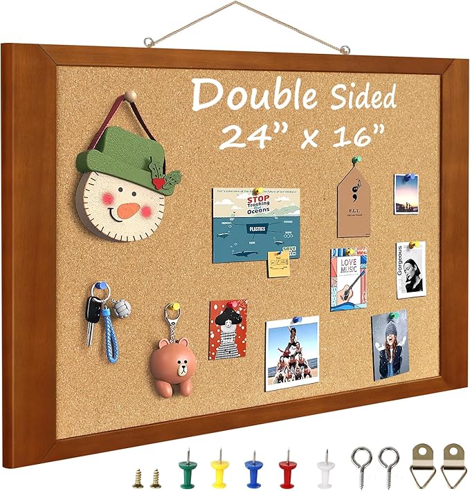 Cork Boards for Wall 16” x 24”, Extra Wide Wooden Framed Bulletin Board, Decorative Hanging Pin Board, Corkboards for Wall Notice Board Memo Board for Home, School, Office, Two-Sides Cork