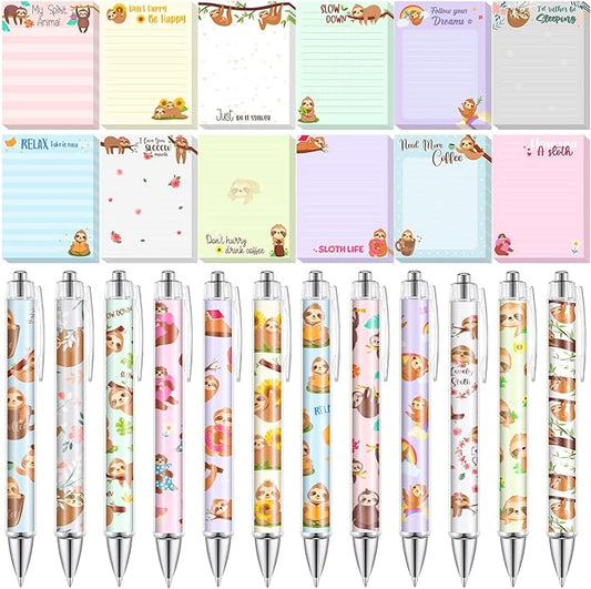 24 Pcs Sloth Sticky Notes with Pens Sloth Themed Gifts Women Party Favors Cute Notepad Memo Notes Pads Black Ink Ballpoint Pen for Animal Lover Christmas Gifts Office School Students Teacher Supplies