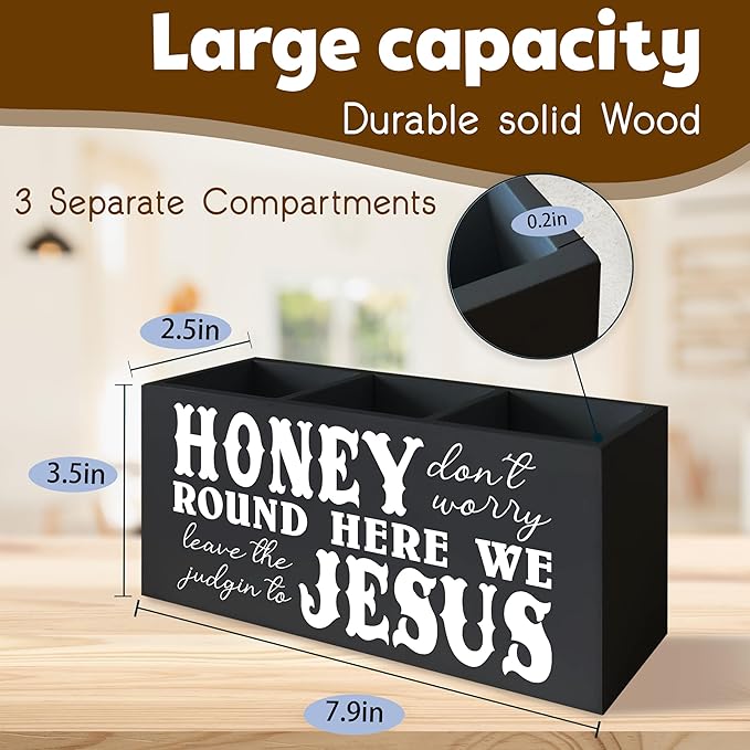 Christian Sign Decor for Desk Pen Holder, Honey Round Here We Jesus Christian Gifts for Women,Jesus Home Shelf Decor Wooden Pencil Holder for Office Desk Accessories