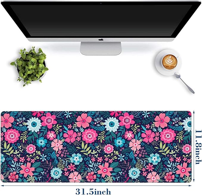 Large Mouse Pad Colorful Flowers Extended Gaming Mousepad Waterproof Desk Pad with Non-Slip Base and Stitched Edge Keyboard Pad XL 11.8 x 31.5 Inch Mouse Mat for Home Office Desk Decor