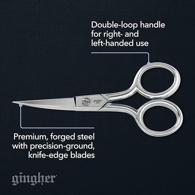 Gingher Curved Embroidery Scissors, 4" Premium Forged Steel Shears, Sharp Knife Edge Sewing Scissors for Precise Cuts of Thread, Yarn, and Needlework, with Protective Sheath, Ambidextrous Design