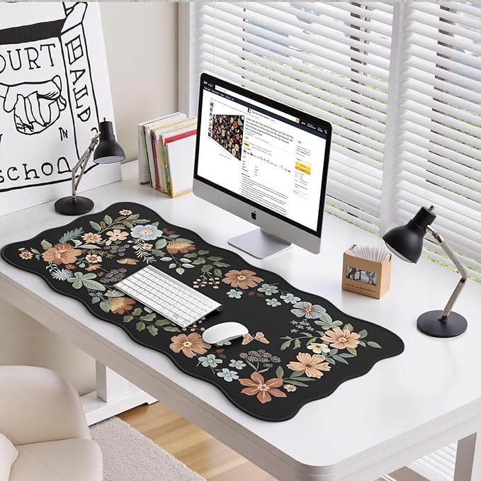 HAOCOO Desk Mat for Keyboard and Mouse, Large Scalloped Desktop Mat, Floral Mouse Pad for Desk, Washable Computer Desk Mat with Edge Stitching, Non-Slip Large Mouse Pad for Office, Home(Black)