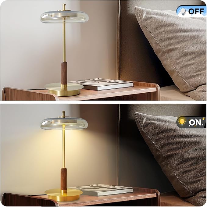 Small Table Lamp for Bedroom-Brass Base Mushroom Table Lamps,Amber Glass Shade,LED Three Color Temperature Adjustable Brightness Modern LED Side Table and Desk Lighting(H 15.4 in)