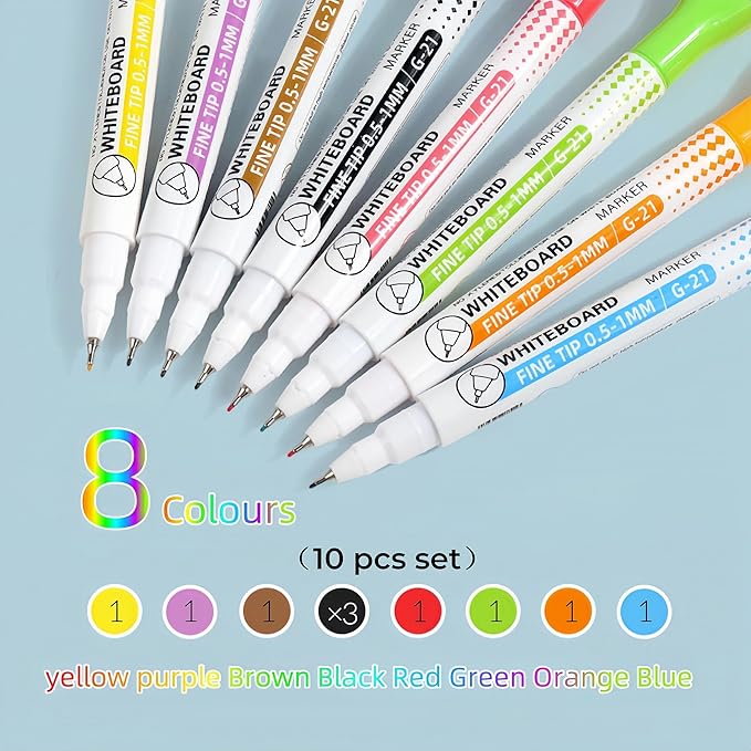 Dry Erase Markers Fine Tip,0.5mm Ultra Fine Dry Erase Markers,10 Colors Whiteboard Markers with Magnetic Eraser,Small Font Writing for Calendar Notebook Note Padg (Multicolor)