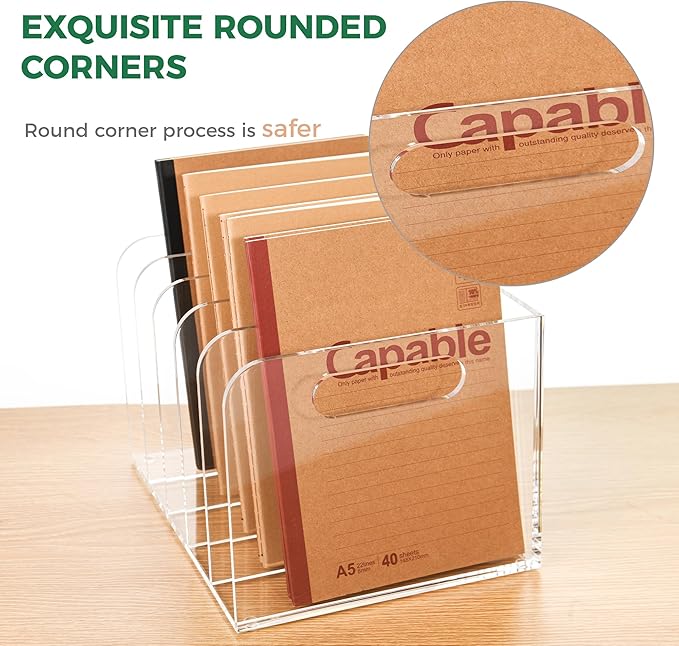 5 Vertical Compartments Clear Acrylic Desk Document Organizer & Storage Bins for Magazines, Binders, Notebooks, and Envelopes - Multipurpose Home Office Organizer - Innovative handle design
