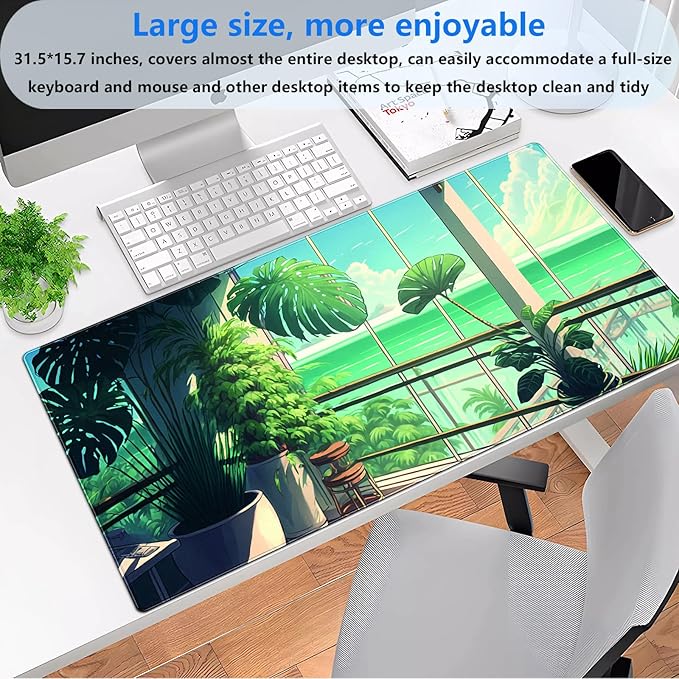 XL Desk Pad Mat, Extended Gaming Mousepad 31.5 x 15.7 in, Non-Slip Computer Mat with Stitched Edges, Green Tropical Plants Design for Desk, Keyboard & Mouse