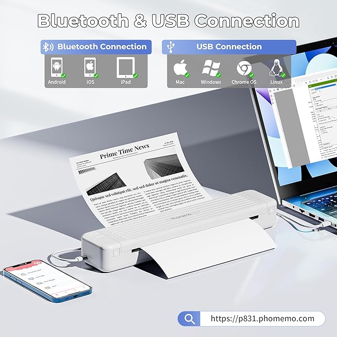 Phomemo P831 Portable Printers Wireless for Travel - 300 DPI Bluetooth Travel Printer Support 8.5x11 US Letter & A4 Regular Copy Paper, Inkless Printer Compatible with Mobile & Laptop for Home Office