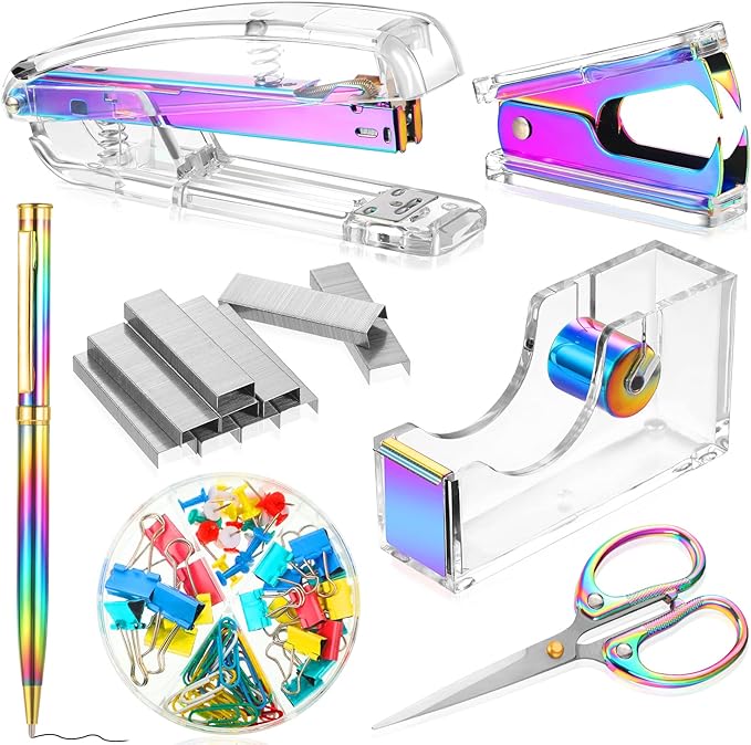 Office Supplies Set Desk Accessory Kit, Acrylic Stapler Set Staple Remover, Tape Dispenser, Binder Clips, Paper Clips, Ballpoint Pen and Scissor with 1000 Pieces 26/6 Staples (Rainbow Color)