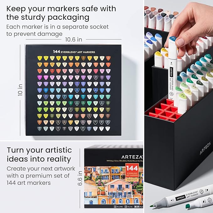 ARTEZA Alcohol Markers – Set of 144 EverBlend Dual Tip Markers with Fine and Chisel Nibs, Organizer Box for Drawing, Coloring and Illustration