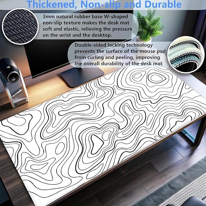 White Topographic Abstract Art Desk Mat - Large XL Gaming Mouse Pad with Stitched Edges, Full Desk Keyboard & Mouse Pad for PC, Laptop, Office Decor (31.5"x15.7")