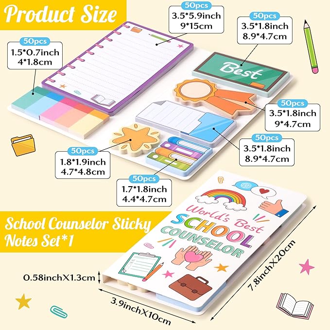 Xqumoi Best School Counselor Sticky Notes Set - Teacher Appreciation Self-Stick Note Pads Educator Writing Memo Pad Page Marker Bookmarker Back to School Office Supplies Thanksgiving Christmas Gift