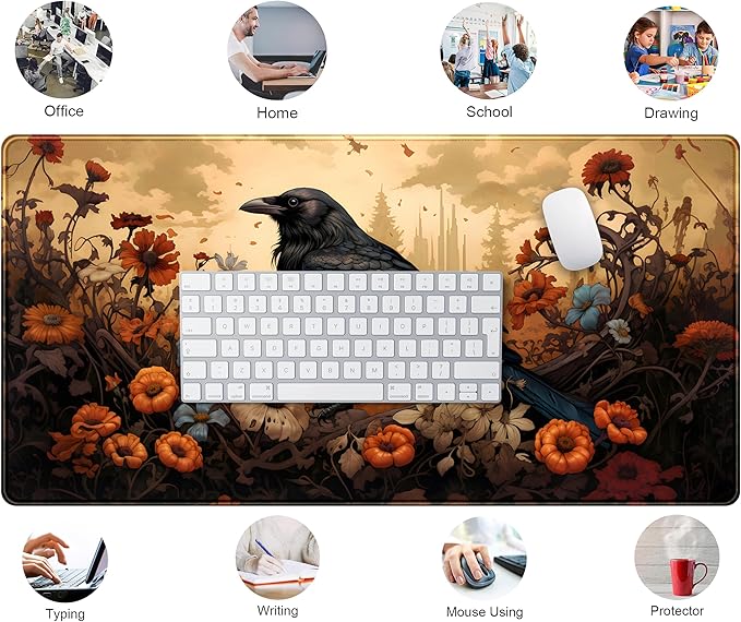 Anime Crow Kawaii Desk Mat Cute Retro Floral Mouse Pad Gaming Desk Pad XXL Large Desk Matt for Desktop Computer Mousepad, Laptop Keyboard Mouse Mat Office Decor Accessories for Women, 31.5x15.75 in