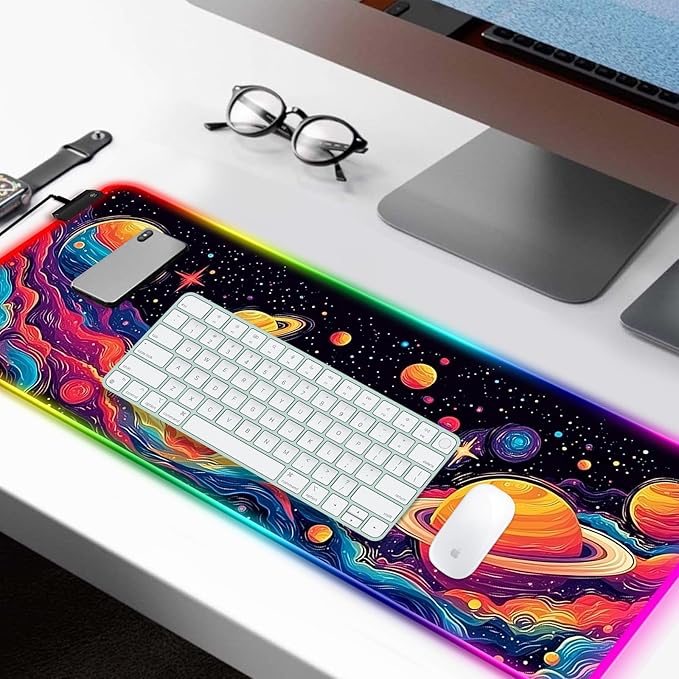 RGB Fantasy Space Planet Gaming Desk Mat, Computer Keyboard Large Extended Long Boy LED Mouse Pad for Office and Home, XL (W09)