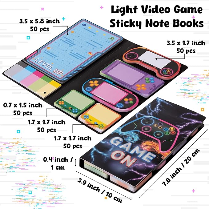 B1ykin Sticky Notes Set, Cartoon Video Game Theme Self-Stick Notes Pad Teacher Appreciation Gifts， Self-Adhesive Writing Memo Pages Sticky to Do Notepad for Employee School Office (Light Video Game)