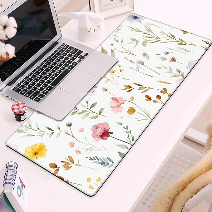 Gaming Mouse Pad, Watercolor Floral Wildflowers Large Desk Mat for Keyboard and Mouse,Non-Slip Rubber Base and Stitched Edges Desk Pad for Home Office 35.4x15.7in