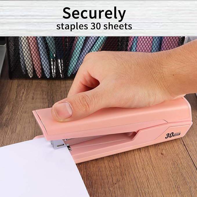 Metal Stapler with 830 Staples, Office Stapler, Staplers for Desk, 25-30 Sheet Capacity, Non-Slip, Pink