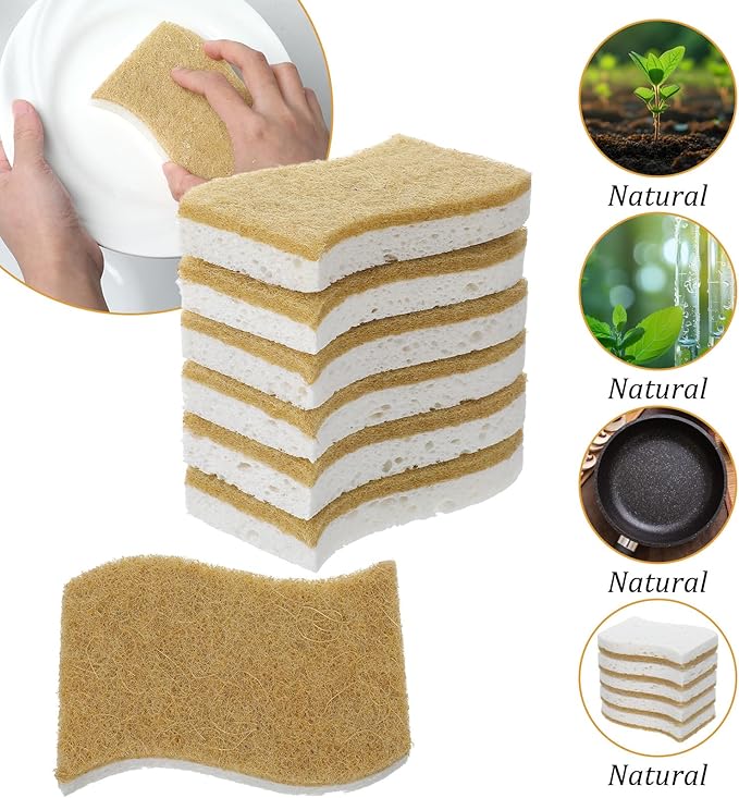 36PCS Natural Kitchen Sponge, Dual-Sided Sisal Fiber Cellulose Scrubber Sponge, Non-Scratch Household Scrub Sponges, Eco Multipurpose Cleaning Foam for Dishes Kitchen Bathroom Household