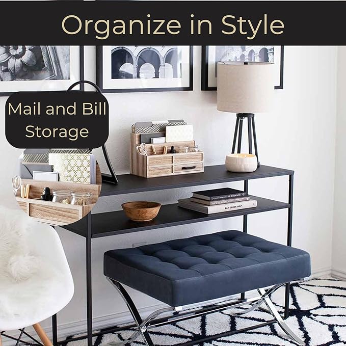 BLU MONACO Natural Wood Mail Organizer with Drawer & Pen Holder – Desk Organizer for Bills, Storage, Countertop & Kitchen