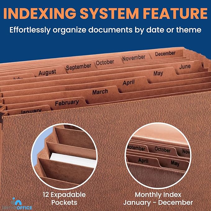 1InTheOffice Accordion File Organizer, Expandable File Folder Organizer, 12 Pocket Accordion Folder, Monthly Index, Elastic Cord, 1/6-Cut Tabs, Letter Size, Red Rope