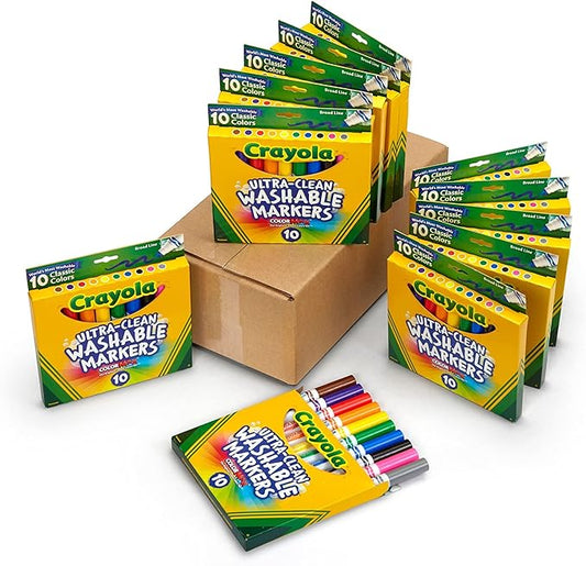 Crayola Ultra Clean Washable Broad Line Markers (12 Boxes), Bulk Classroom Markers for Kids, 10 Colors, Teacher Classroom Must Have, Bulk School Supplies for Kids