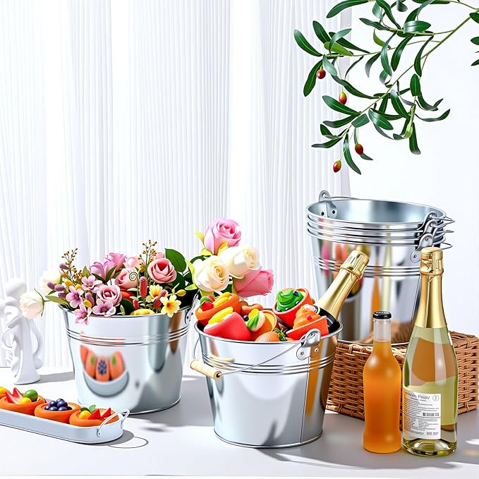 Zopeal 6 Pcs Large Metal Bucket Beer Bucket Galvanized Steel Pail with Handle for Gifts Basket Ice Candy Party(9 x 7 x 7 Inch,Silver)