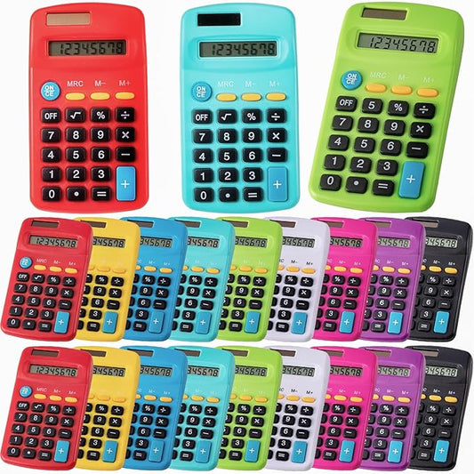 18 Pack Mini Pocket Calculators, Solar & Battery Power, 8 Digit Display, Bulk for Students, Kids, School, Home, Office (9 Colors)