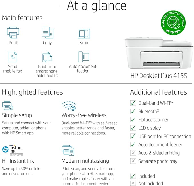 HP DeskJet Plus 4155 Wireless All-in-One Printer - Compact Inkjet Printer with Mobile Printing, Scanner, Copier, Bluetooth, Home Office & WiFi Compatible - 3XV13A (Renewed)