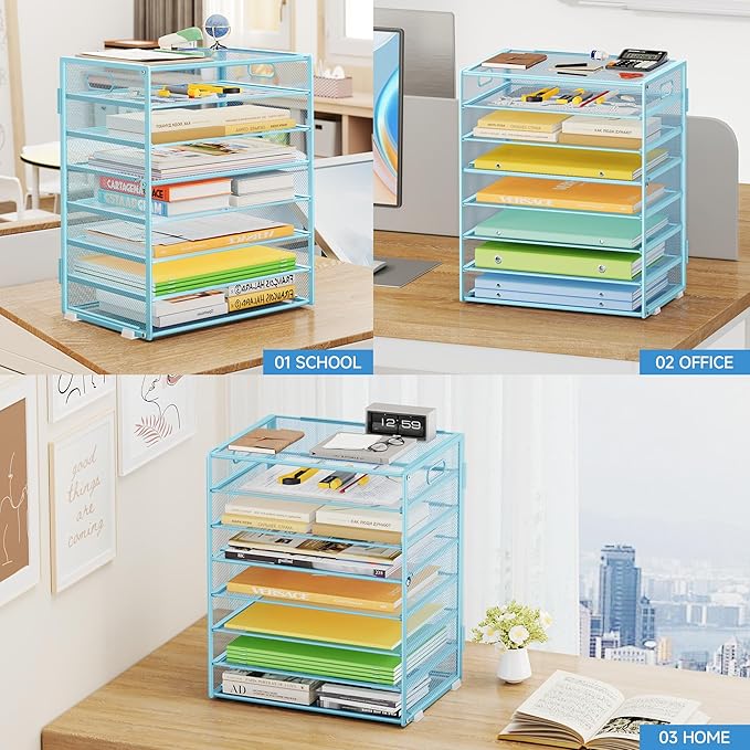 2 Pack 8 Tier Paper Organizer with Handle, Metal Mesh Desk File Organizer, Large Capacity Desk Organizers Paper Letter Tray Desktop Document Sorter for Office, Home or School - Blue