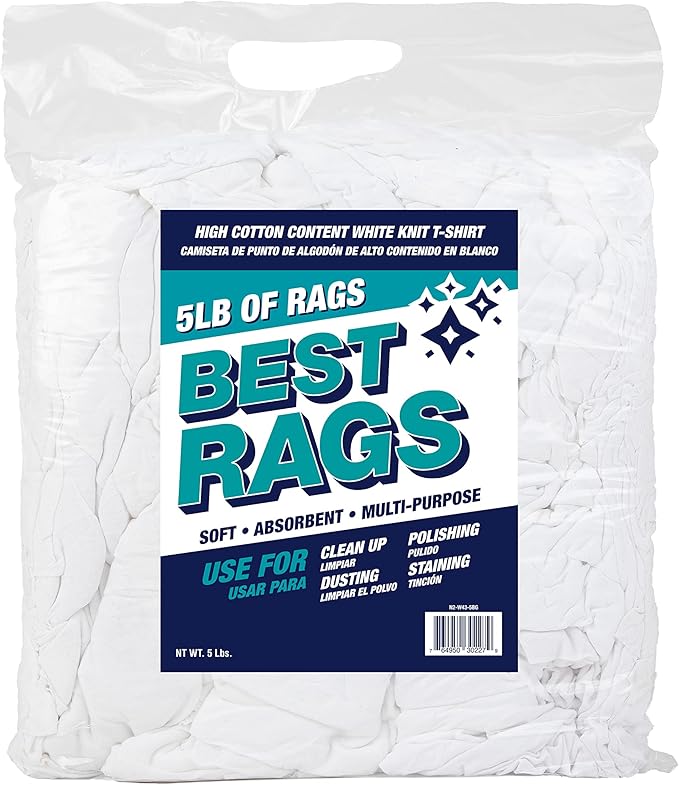 Arkwright W43 Cotton Tshirt Rags - 5 lb Bag - Soft Lint Free Cloths for Cleaning, Streak & Scratch-Free, Professional Grade Wiping Towels for Polishing, Painting, and Staining, White