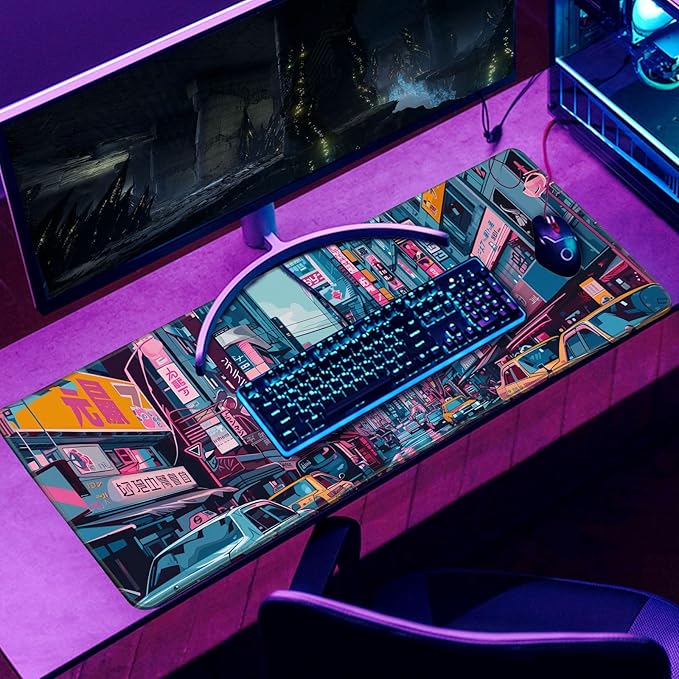 Japanese Mouse Pad Desk Pad 80s City Desk Decor Mat, Large Gaming Mouse Pad for Desk Computer Keyboard Laptop, Desk Decor Home Office Accessories (31.5x11.8 in)-with Stitched Eges Pad