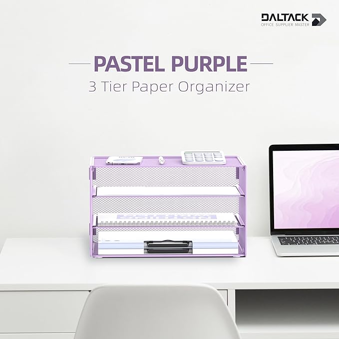 DALTACK 3 Tier Letter Tray Paper Organizer Mesh Metal Desk File Organizer for Home & Office, Light Purple